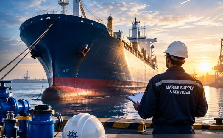 Cargo vessel alongside at berth at sunset with a MAXAMP supply engineer checking the delivery on the quay.